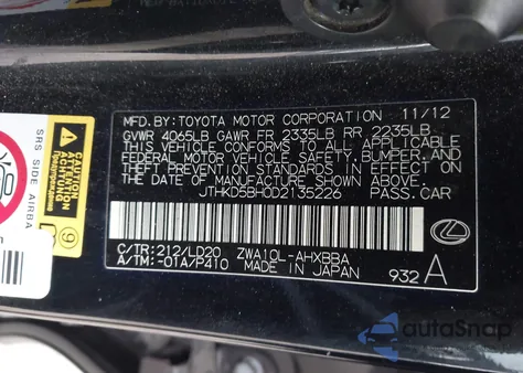 2013 Lexus Ct 200H from USA, damaged, VIN JTHKD5BH0D2135226